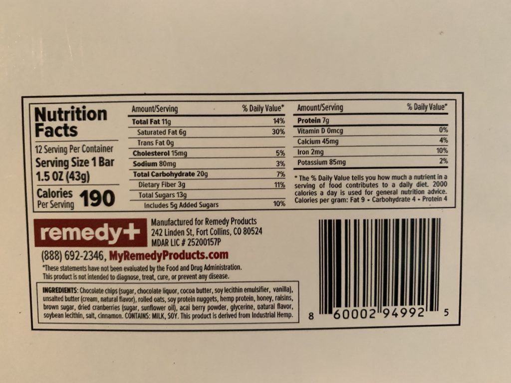 remedy+ the bar nutritional information